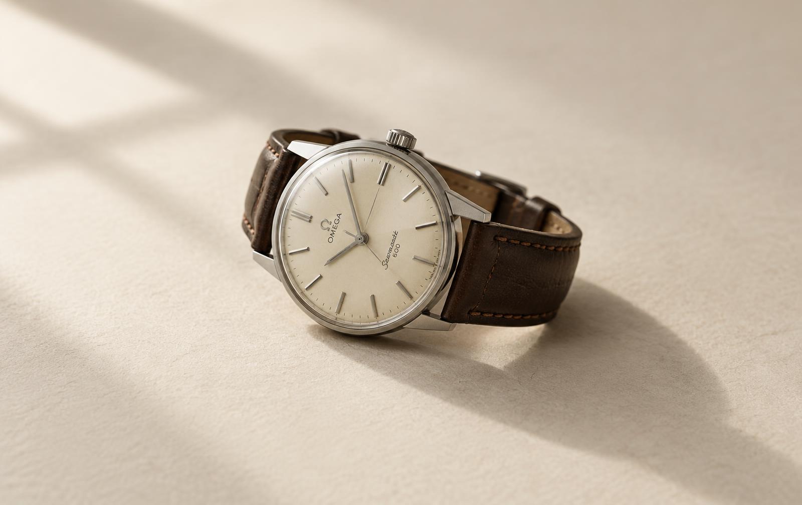 Vintage steel dress watch with a cream dial on paper